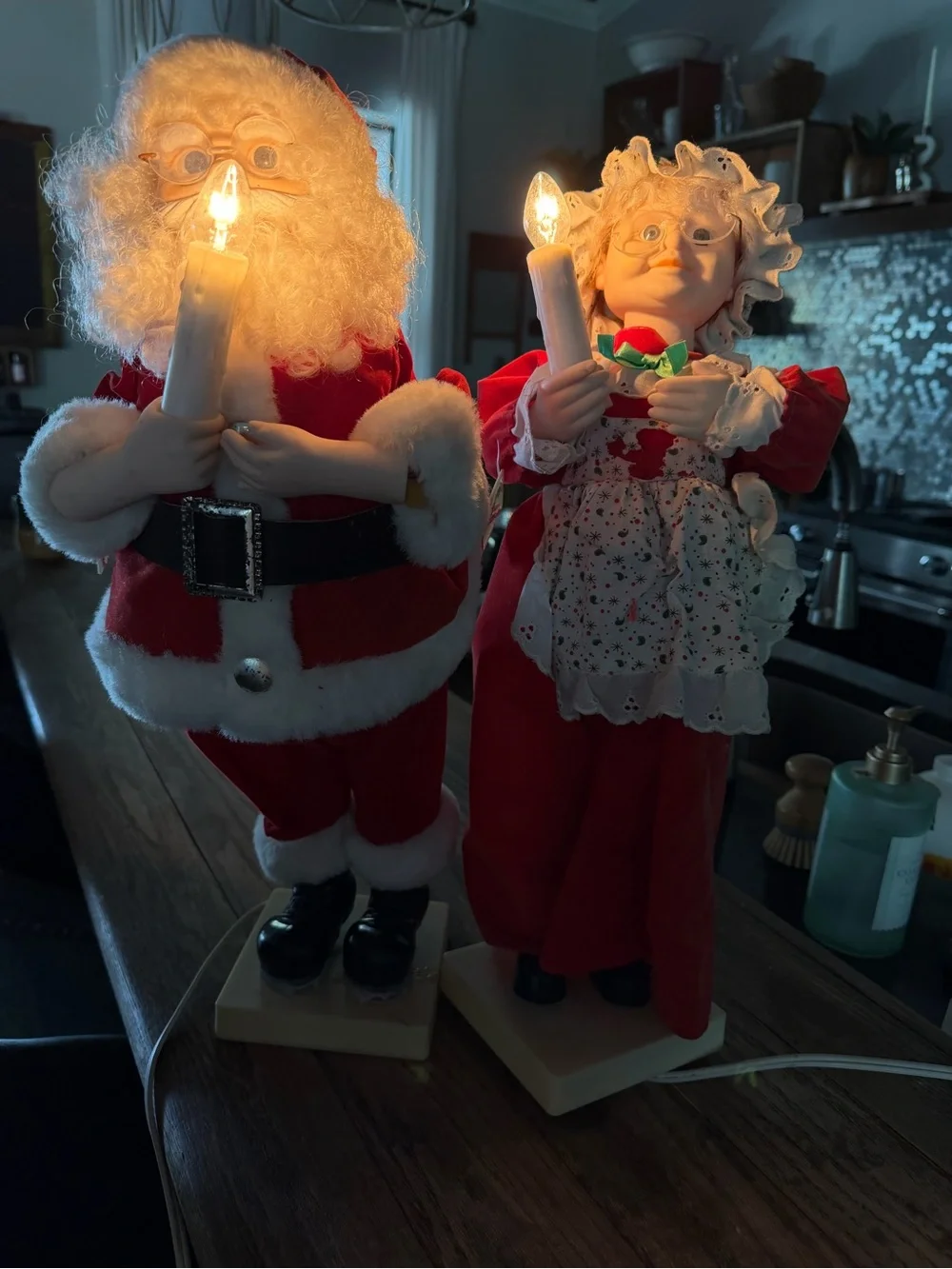 Vintage motion Holiday Santa and Mrs. Claus Lighted Figurine Set - Red